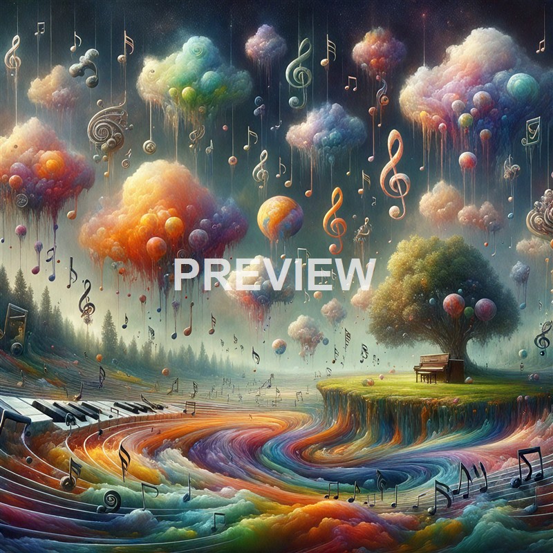 The image depicts a surreal, colorful landscape with floating, rainbow-hued clouds, musical notes and symbols drifting through the sky, a large tree with a piano beneath it, and a swirling, vibrant river flowing through a forested area.